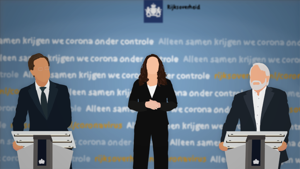 Premier Mark Rutte, gebarentolk Irma Sluis, en directeur Jaap van Dissel tijdens een persconferentie.